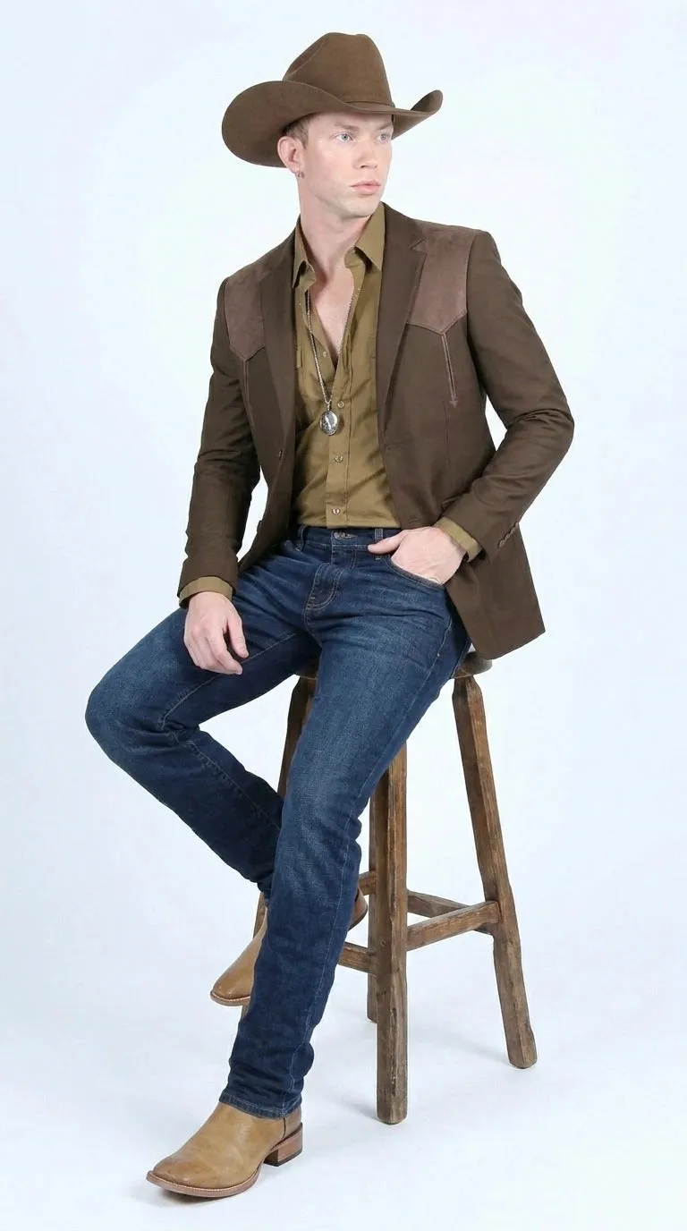 Men’s Dark Brown Western Blazer with Suede Yokes, Cowboy Sport Coat for Ranch Wedding and Country Events sold by Alberto Nardoni product image thumbnail 4