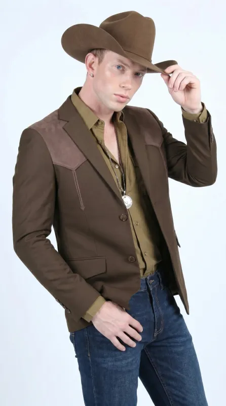 Men’s Dark Brown Western Blazer with Suede Yokes, Cowboy Sport Coat for Ranch Wedding and Country Events made by Alberto Nardoni