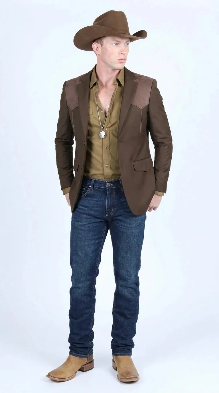 Men’s Dark Brown Western Blazer with Suede Yokes, Cowboy Sport Coat for Ranch Wedding and Country Events sold by Alberto Nardoni product image thumbnail 2
