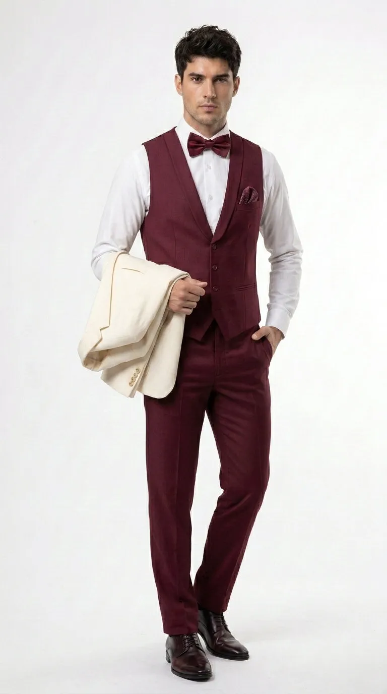 Men’s Cream Ivory and Burgundy 3 Piece Tuxedo Suit, Vested Formal Wedding Prom Dinner Suit in Cream Off White Color sold by Alberto Nardoni product image thumbnail 4