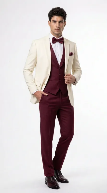 Men’s Cream Ivory and Burgundy 3 Piece Tuxedo Suit, Vested Formal Wedding Prom Dinner Suit in Cream Off White Color made by Alberto Nardoni
