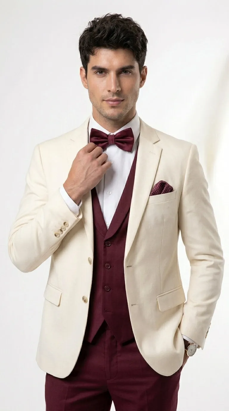 Men’s Cream Ivory and Burgundy 3 Piece Tuxedo Suit, Vested Formal Wedding Prom Dinner Suit in Cream Off White Color sold by Alberto Nardoni product image thumbnail 5