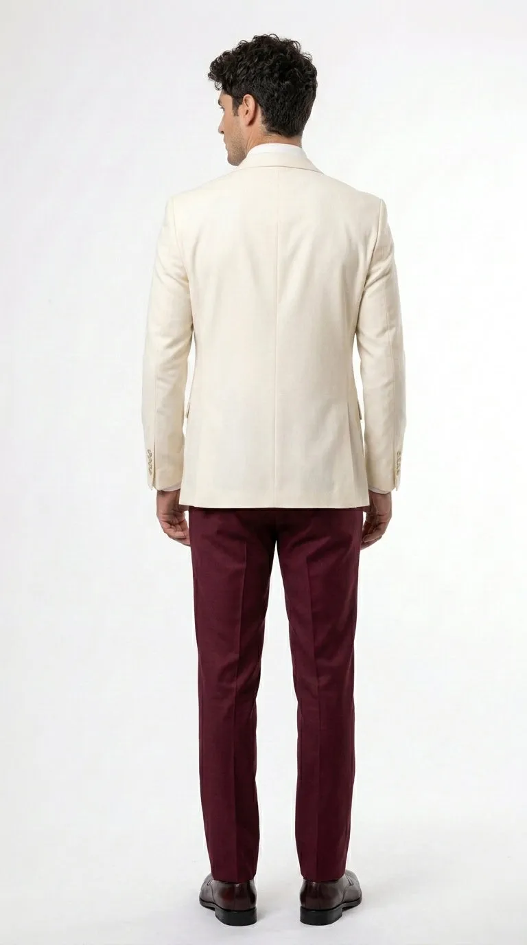 Men’s Cream Ivory and Burgundy 3 Piece Tuxedo Suit, Vested Formal Wedding Prom Dinner Suit in Cream Off White Color sold by Alberto Nardoni product image thumbnail 2