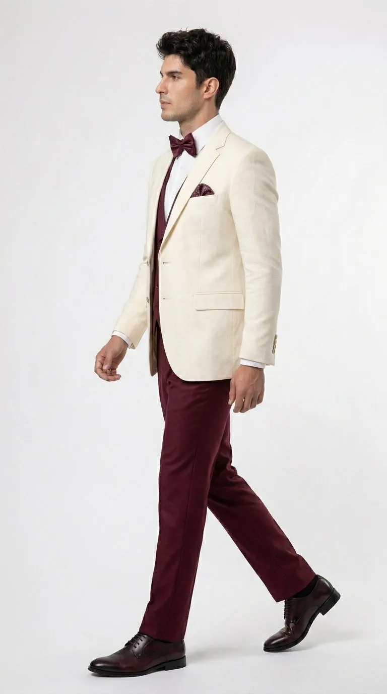 Men’s Cream Ivory and Burgundy 3 Piece Tuxedo Suit, Vested Formal Wedding Prom Dinner Suit in Cream Off White Color sold by Alberto Nardoni product image thumbnail 3