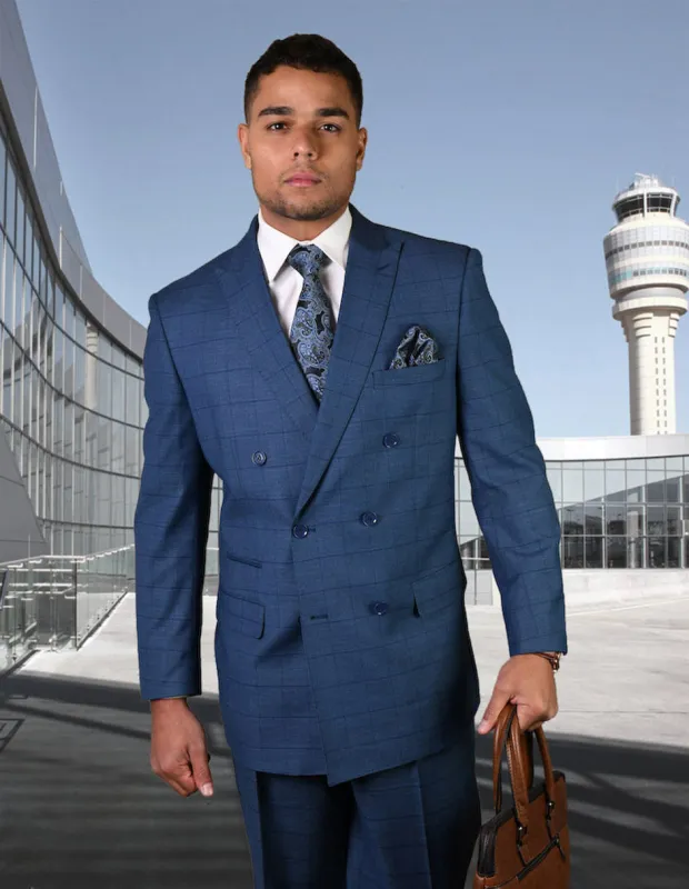 Mens Double Breasted Wool Suit in Indigo Windowpane made by Alberto Nardoni