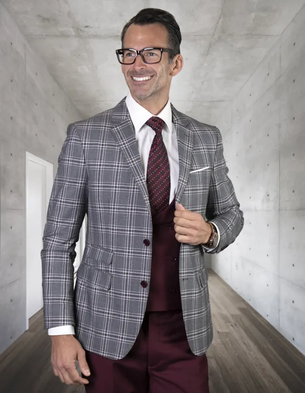 Mens 2 Button Suit with Low Cut Vest in Burgundy Plaid made by Alberto Nardoni
