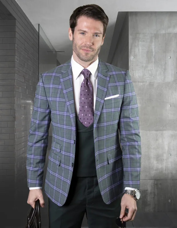 Mens 2 Button Suit with Low Cut Vest in Hunter Green Plaid made by Alberto Nardoni