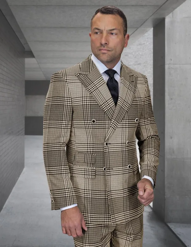 Statement Double Breasted Wool Suit Brown Plaid Mens Modern Fit Milan made by Alberto Nardoni