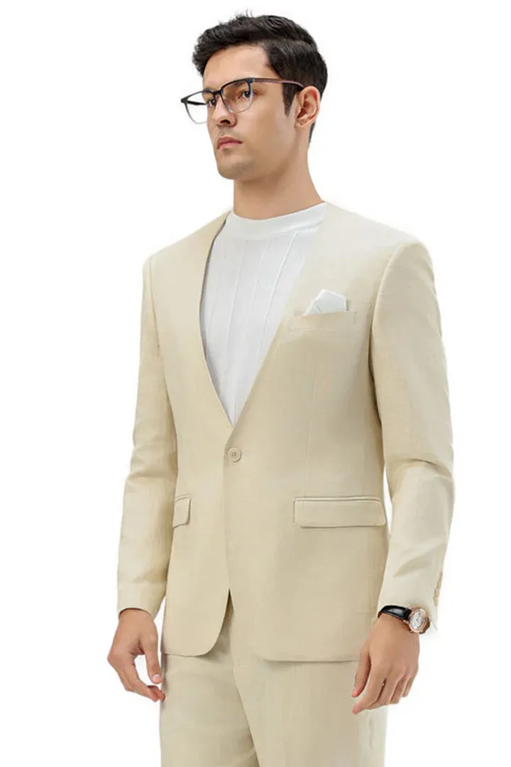 Men's Modern Fit Collarless Summer Wedding Suit in Tan sold by Alberto Nardoni