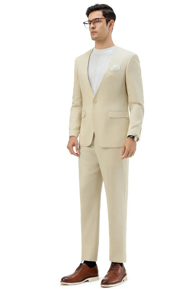 Men's Modern Fit Collarless Summer Wedding Suit in Tan sold by Alberto Nardoni product image thumbnail 2