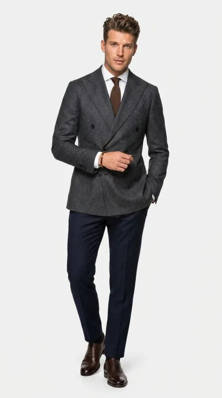 Men’s Charcoal Double Breasted Blazer, Formal Wedding Business Casual Sport Coat Jacket Wool Fabric made by Alberto Nardoni