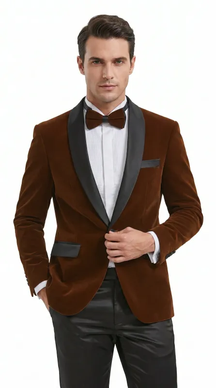 Men’s Brown Camel Bronze Velvet Tuxedo Jacket, Shawl Lapel Wedding Prom Dinner Blazer - Blazer Sportcoat made by Alberto Nardoni