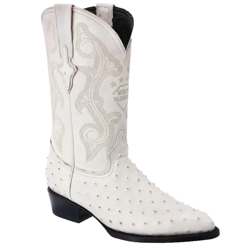 Mens White Diamond Boot Off-White Ostrich Print Western Boot J-Toe made by Alberto Nardoni