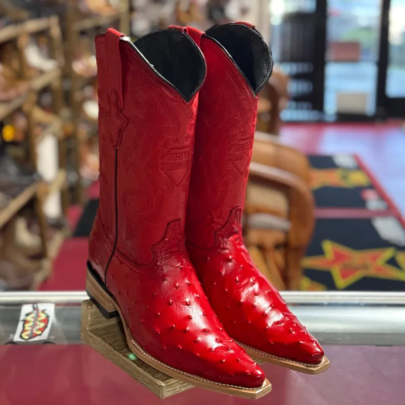 Mens White Diamond Boot Red Ostrich Print Boots Pointy Toe Pointed Toe made by Alberto Nardoni