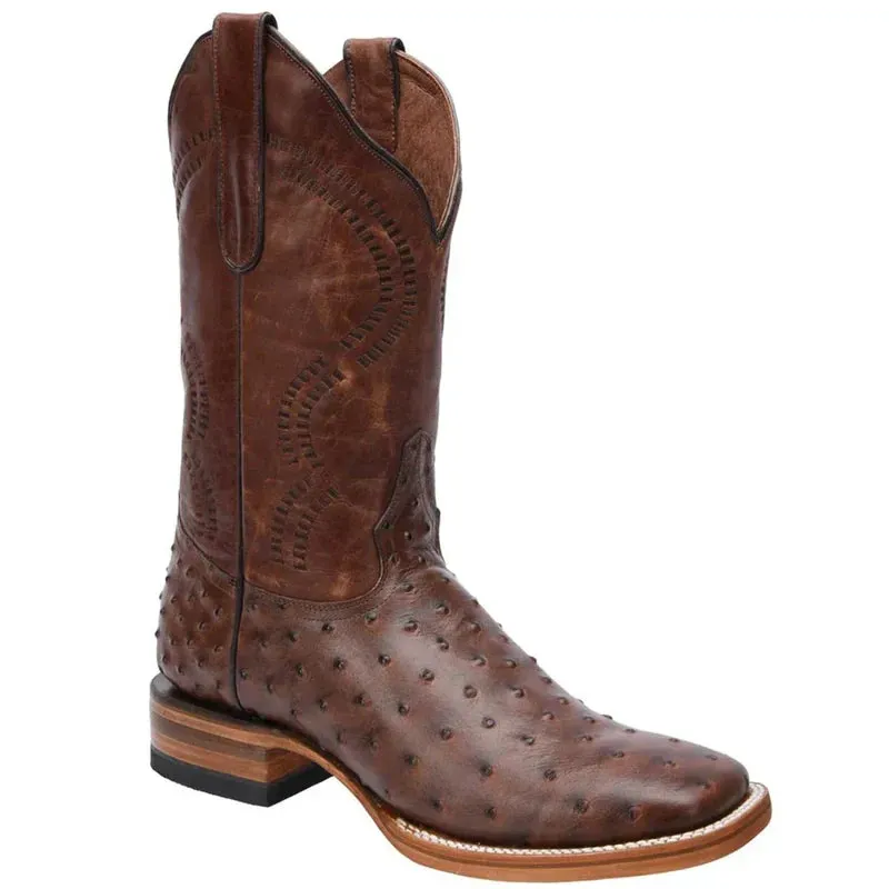 Mens White Diamond Boot Brown Ostrich Print Boots Square Toe made by Alberto Nardoni