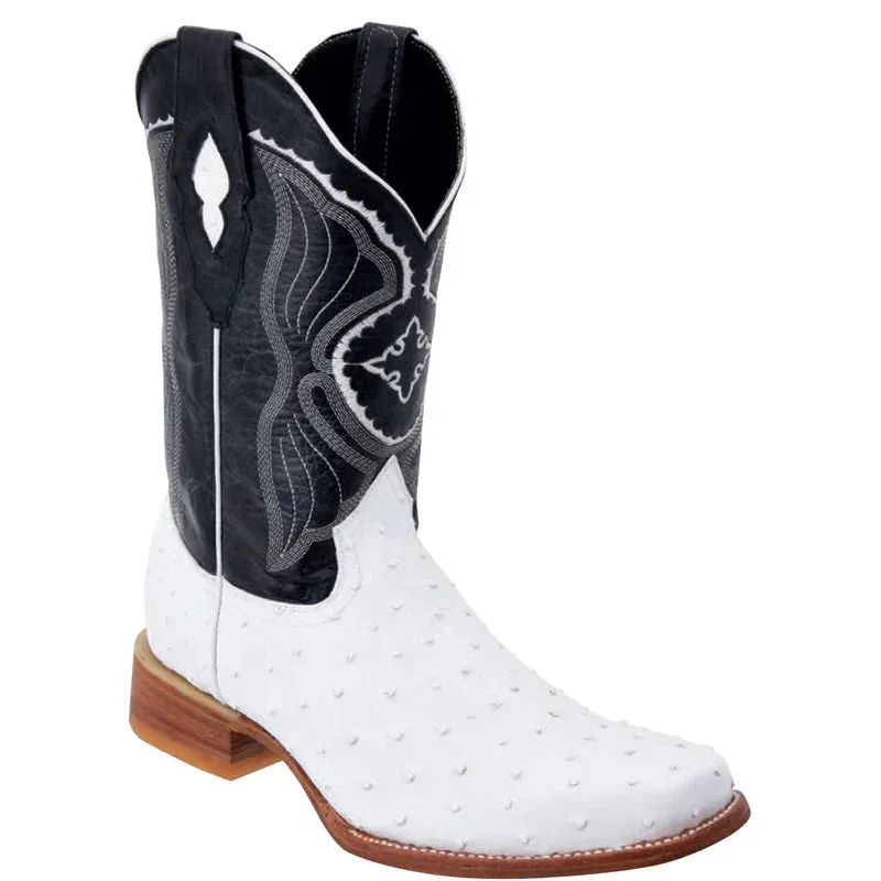 Mens White Diamond Boot White Boots Ostrich Print Square Toe made by Alberto Nardoni