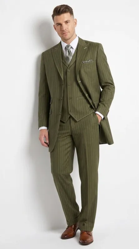 Men’s Big and Tall Olive Pinstripe 3 Piece Suit, Plus Size Long Jacket Formal Wedding Business Suit made by Alberto Nardoni