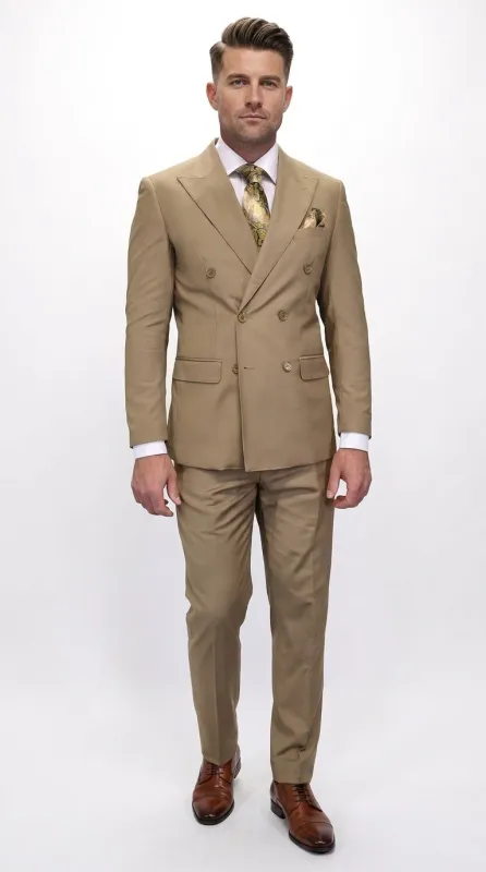 Men’s Statement Brand Caramel Khaki Double Breasted Wool Suit, Designer Formal Business Suit Set Wool Suit in Camel Color made by Alberto Nardoni