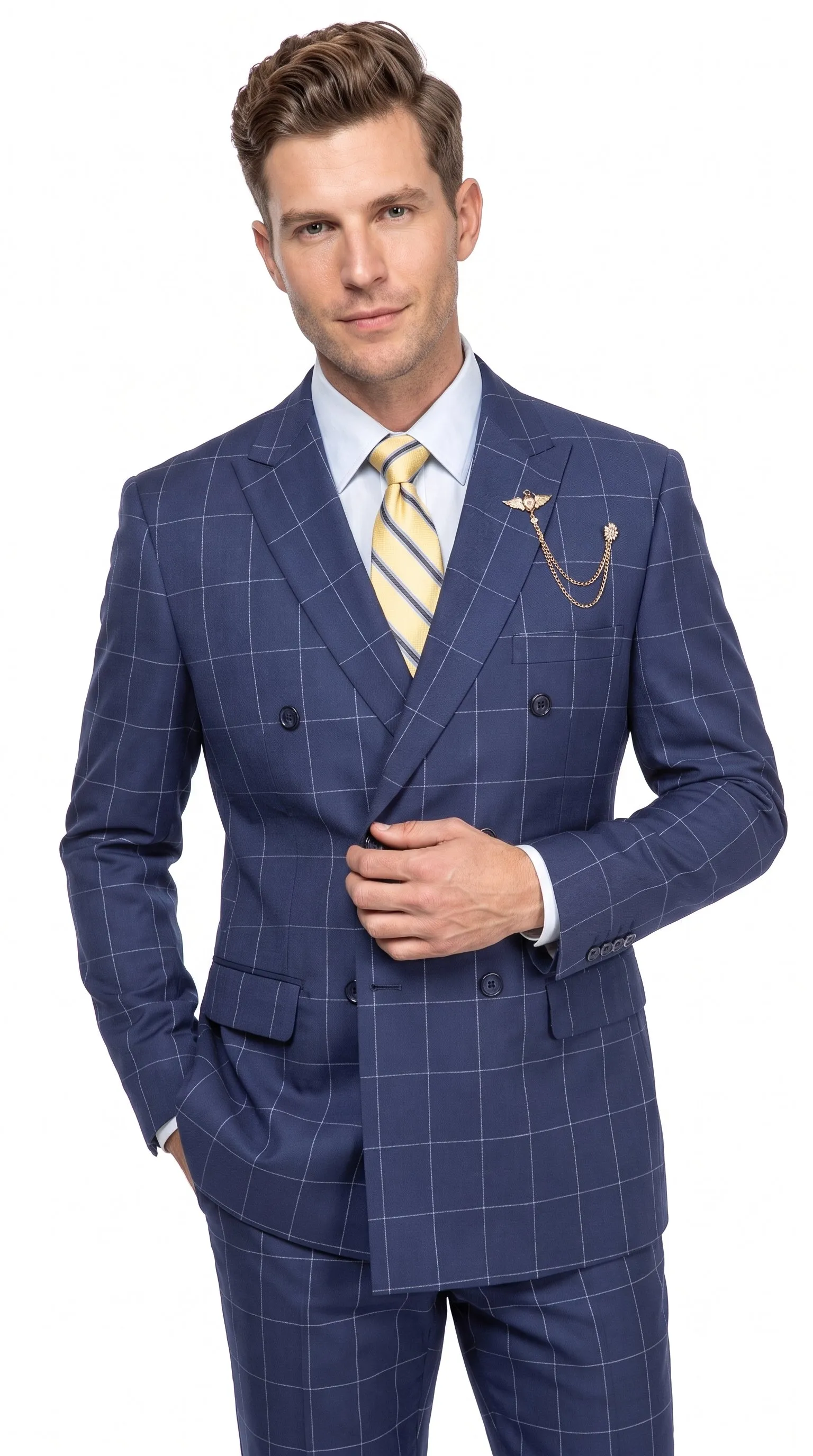Men’s Blue Plaid Double-Breasted Suit – Side-Vented Wedding, Business and Formal Suit sold by Alberto Nardoni product image thumbnail 5