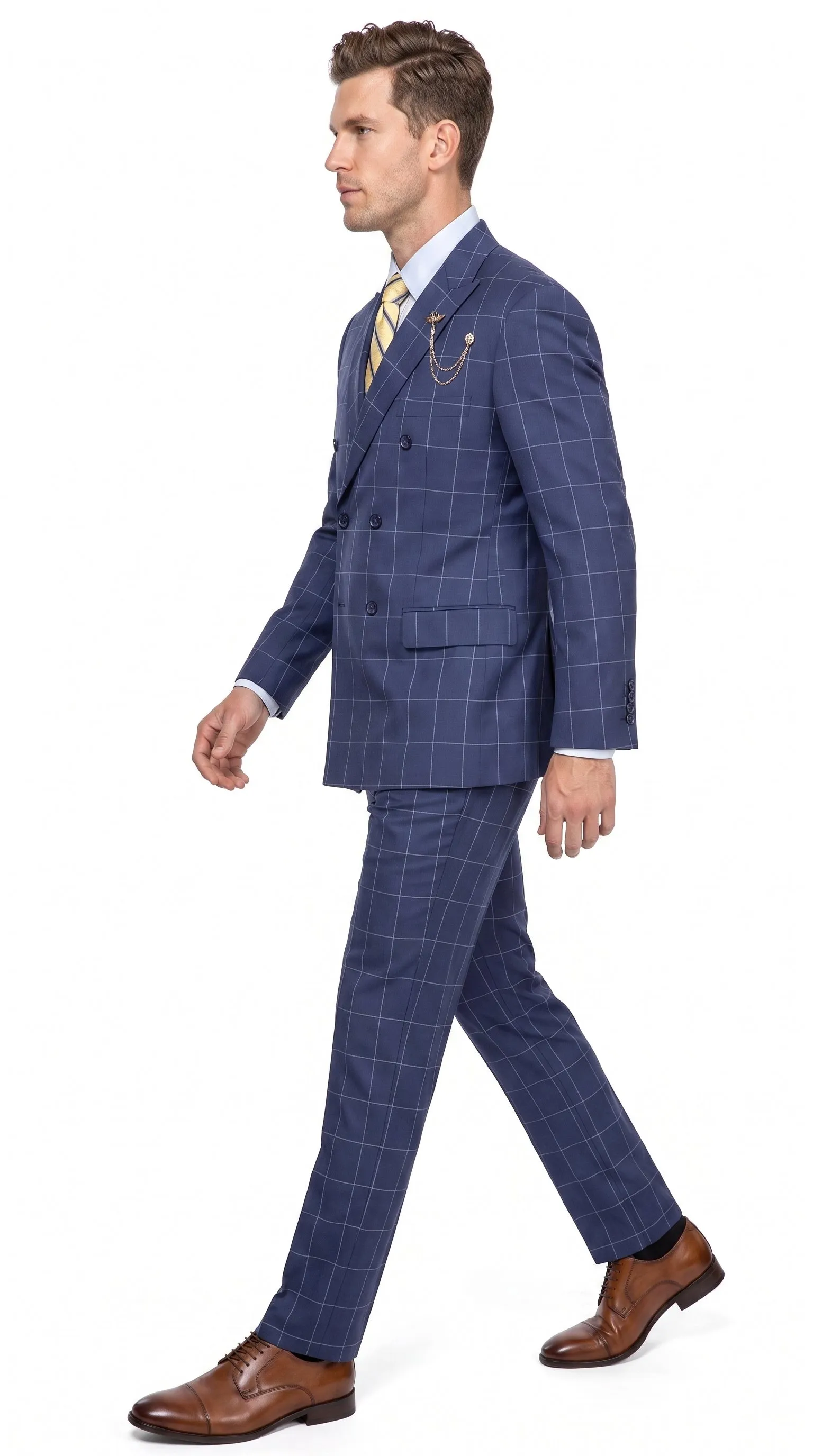 Men’s Blue Plaid Double-Breasted Suit – Side-Vented Wedding, Business and Formal Suit sold by Alberto Nardoni product image thumbnail 4