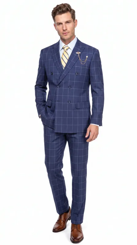 Men’s Blue Plaid Double-Breasted Suit – Side-Vented Wedding, Business and Formal Suit made by Alberto Nardoni