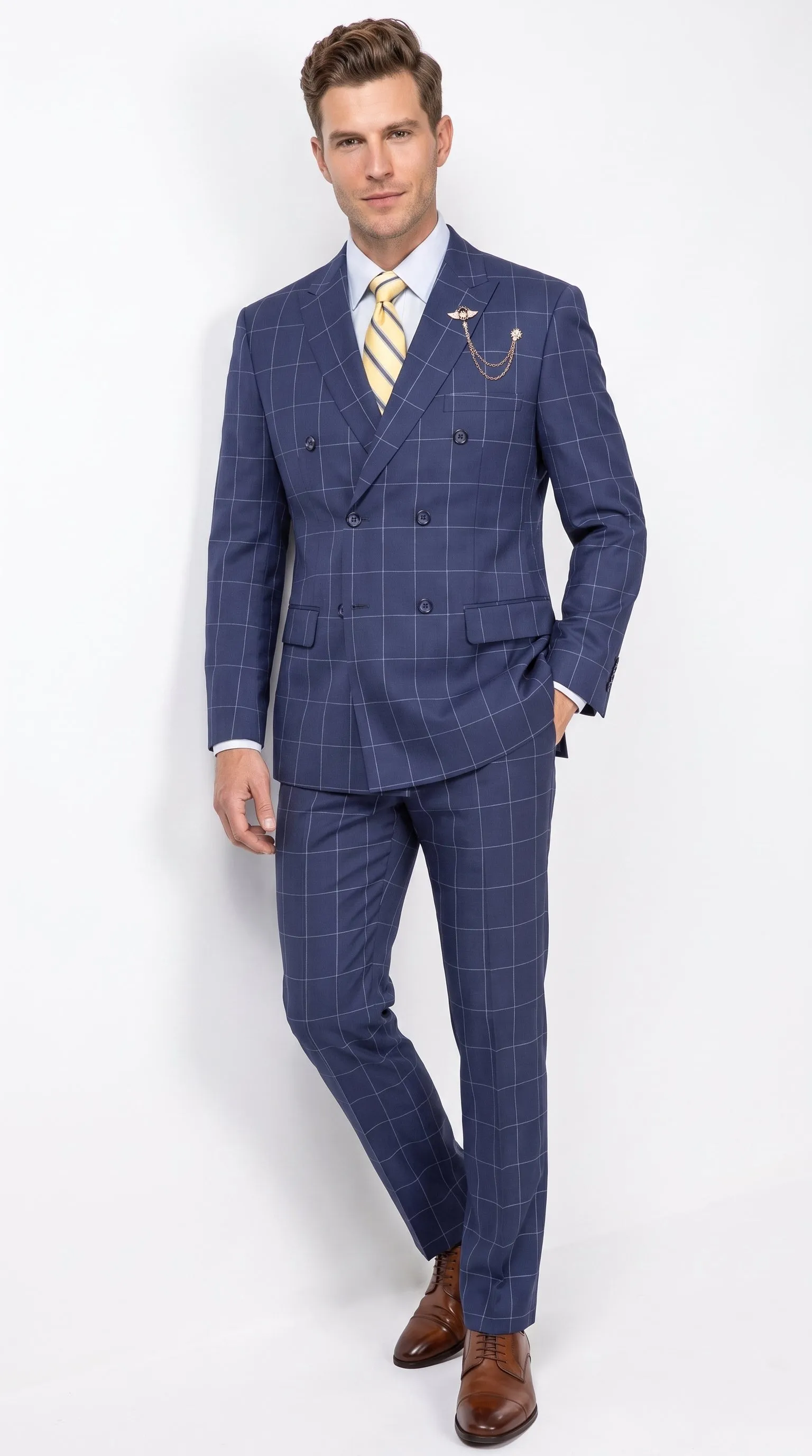 Men’s Blue Plaid Double-Breasted Suit – Side-Vented Wedding, Business and Formal Suit sold by Alberto Nardoni product image thumbnail 2