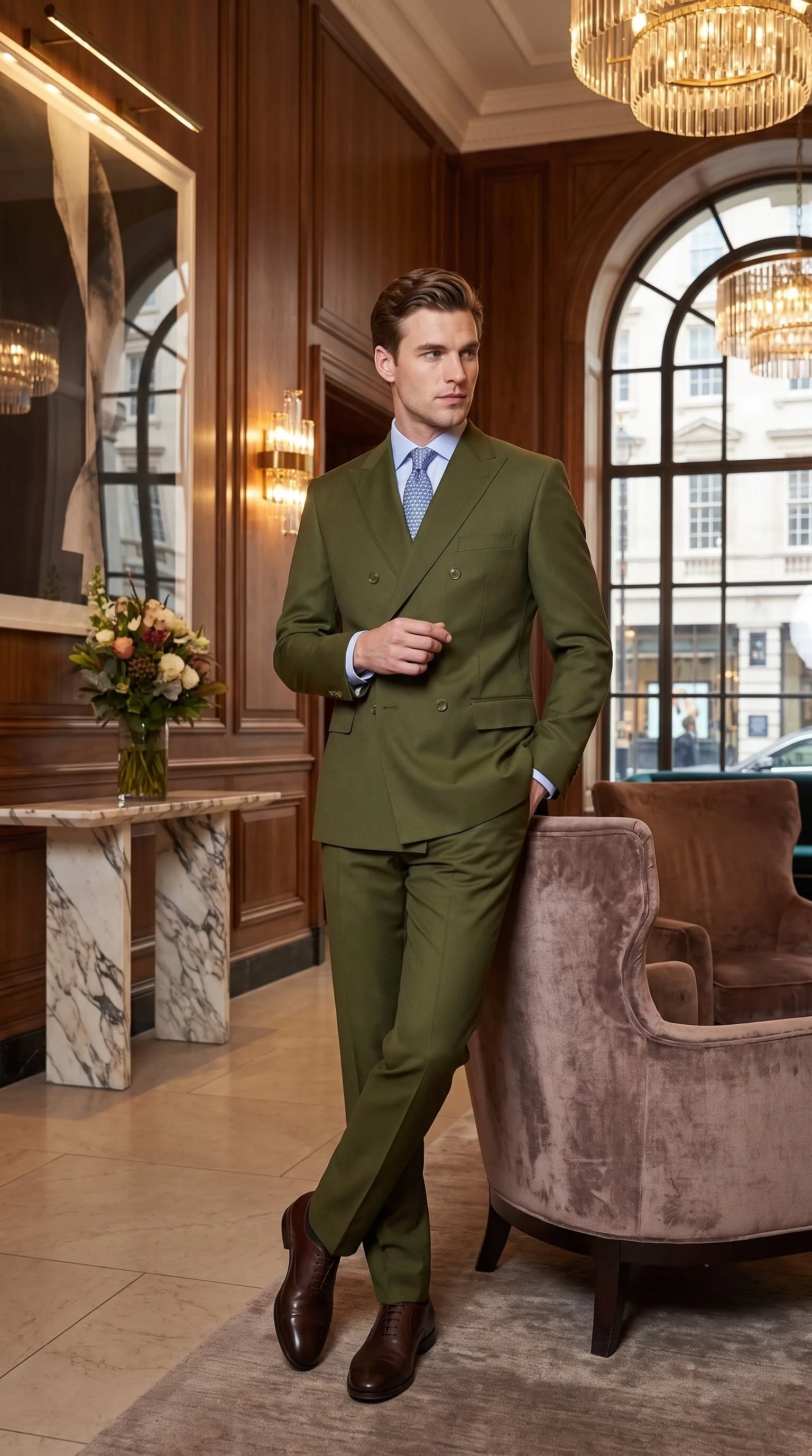 Men’s Olive Green Double-Breasted Suit – Classic Peak Lapel Wedding, Business Hunter Color sold by Alberto Nardoni product image thumbnail 5