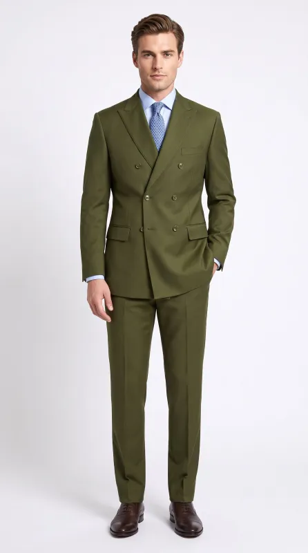 Men’s Olive Green Double-Breasted Suit – Classic Peak Lapel Wedding, Business Hunter Color made by Alberto Nardoni