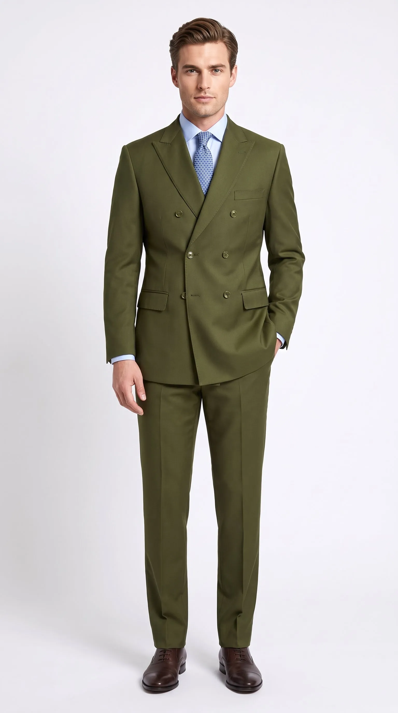 Men’s Olive Green Double-Breasted Suit – Classic Peak Lapel Wedding, Business Hunter Color sold by Alberto Nardoni