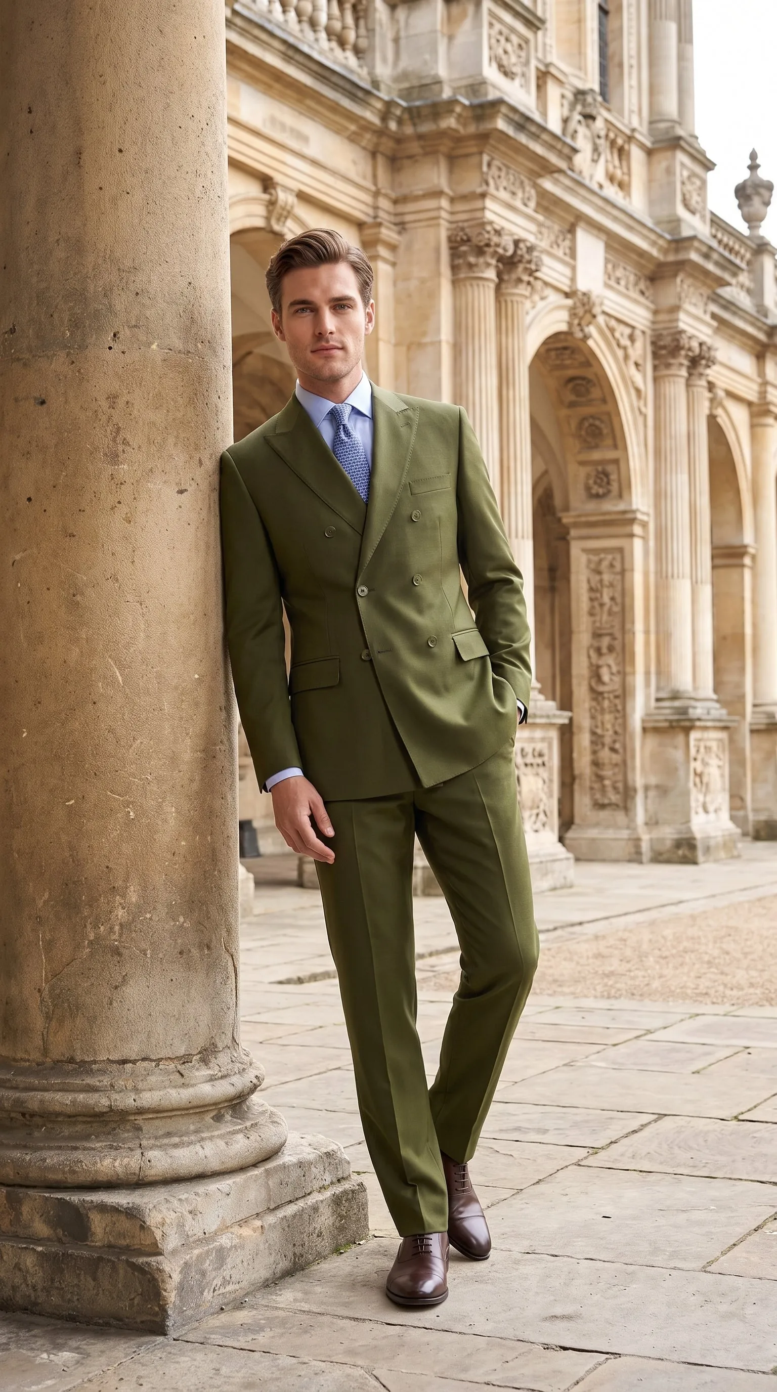 Men’s Olive Green Double-Breasted Suit – Classic Peak Lapel Wedding, Business Hunter Color sold by Alberto Nardoni product image thumbnail 3