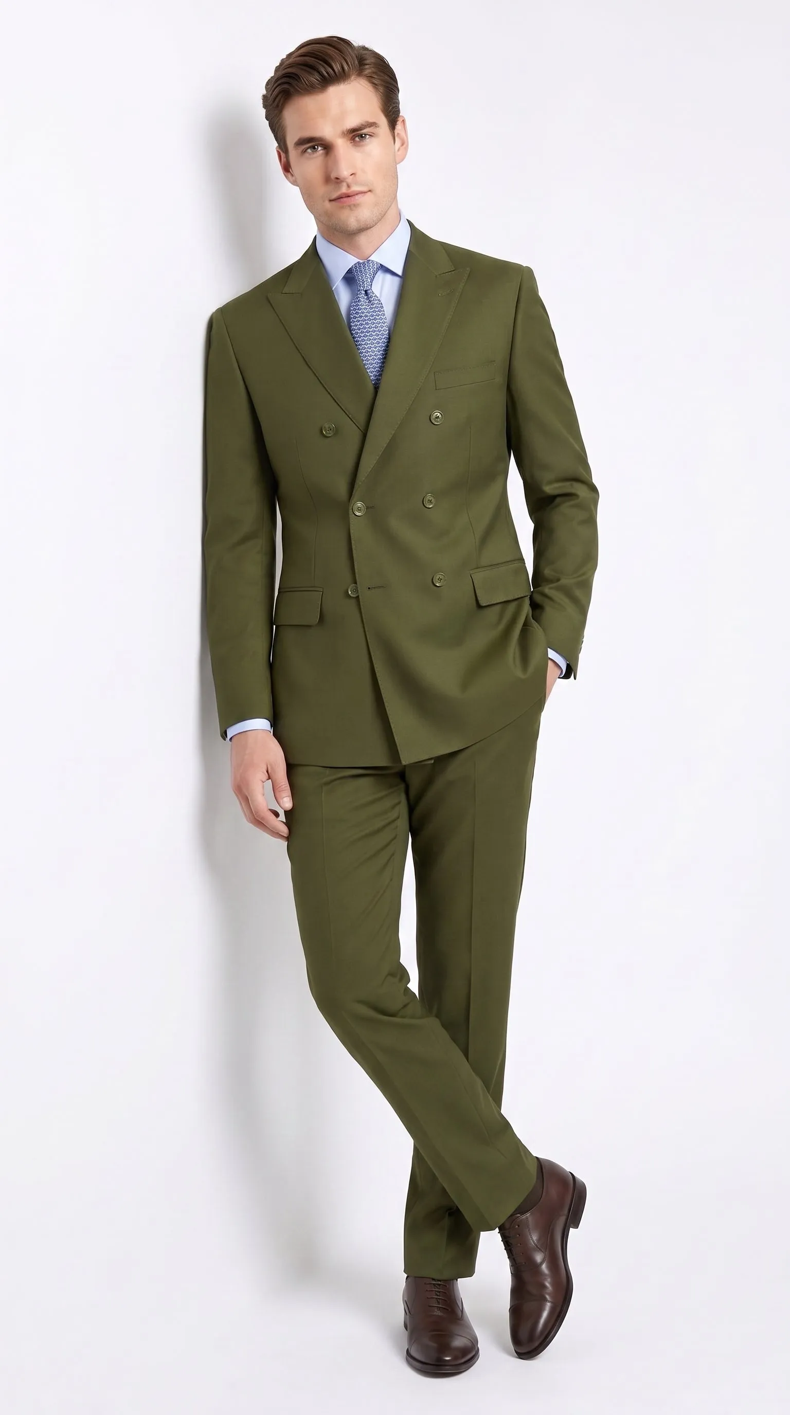 Men’s Olive Green Double-Breasted Suit – Classic Peak Lapel Wedding, Business Hunter Color sold by Alberto Nardoni product image thumbnail 4