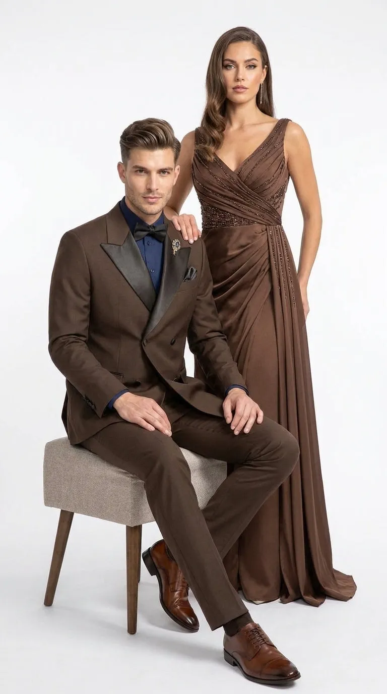 Men’s Brown Double Breasted Tuxedo – Satin Peak Lapel Formal Wedding & Prom Suit sold by Alberto Nardoni product image thumbnail 3