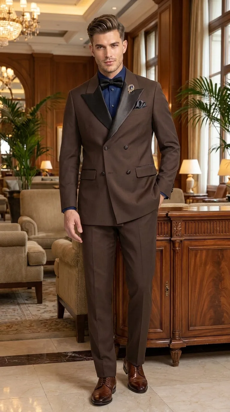 Men’s Brown Double Breasted Tuxedo – Satin Peak Lapel Formal Wedding & Prom Suit sold by Alberto Nardoni product image thumbnail 4