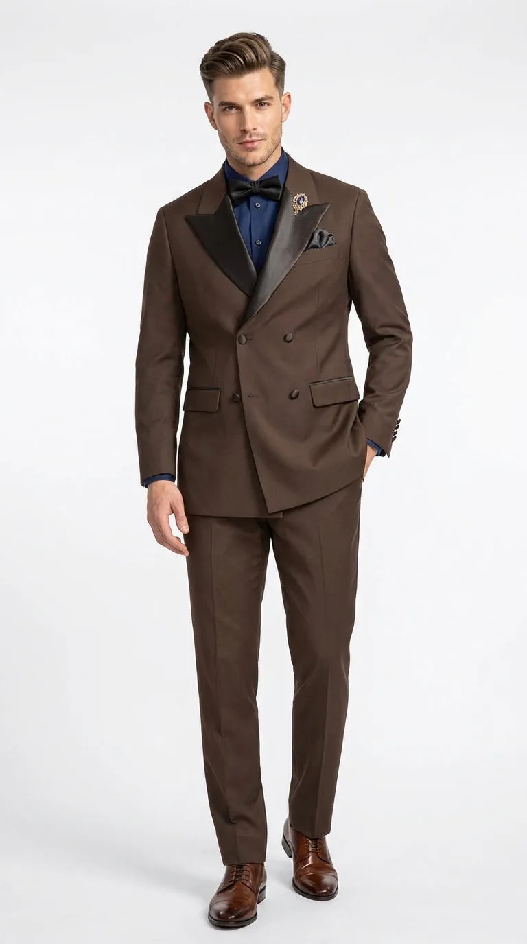 Men’s Brown Double Breasted Tuxedo – Satin Peak Lapel Formal Wedding & Prom Suit sold by Alberto Nardoni
