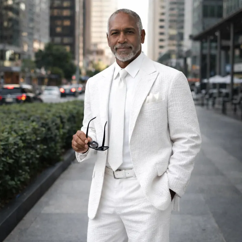 Mens Premium Cotton Seersucker Stripe Suit – White made by Alberto Nardoni