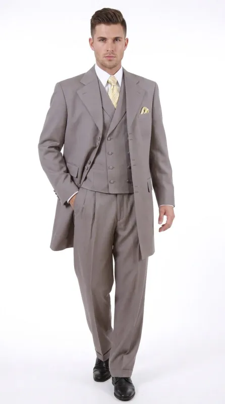 Men’s Light Kahki Sand 3-Piece Suit – Six-Button Jacket with Double-Breasted Vest and Pleated Pants Tan Color made by Alberto Nardoni