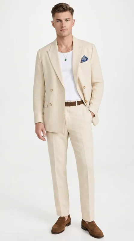 Men’s Light Beige Linen Double-Breasted Suit – Summer Wedding, Beach and Formal 2-Piece Suit made by Alberto Nardoni