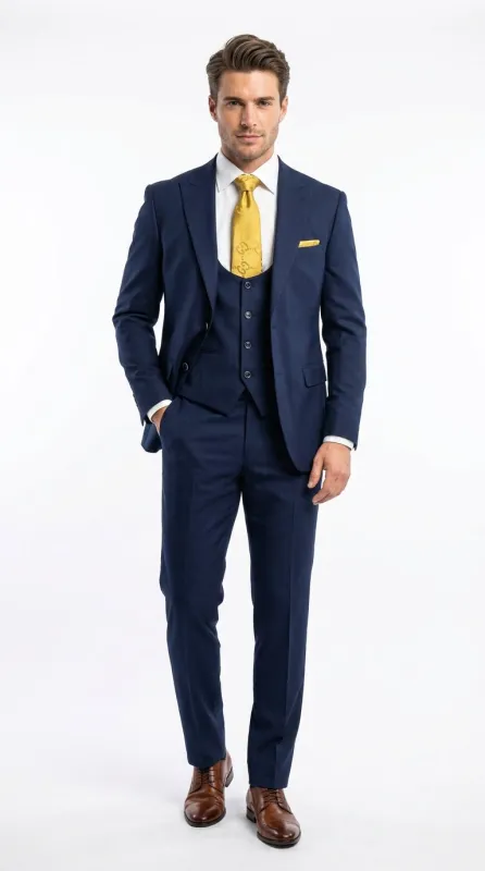 Mens Vitali 3 Piece Suit W/Scoop Vest Navy Blue 3-Piece Suit – Big Peak Lapel  Vest and Pants  Modern Fit Two Buttons made by Alberto Nardoni