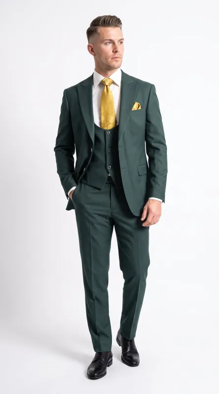Mens Vitali 3 Piece Suit W/Scoop Vest Hunter Green 3-Piece Suit –, Big Peak Lapel  Vest and Pants  Modern Fit Two Buttons made by Alberto Nardoni