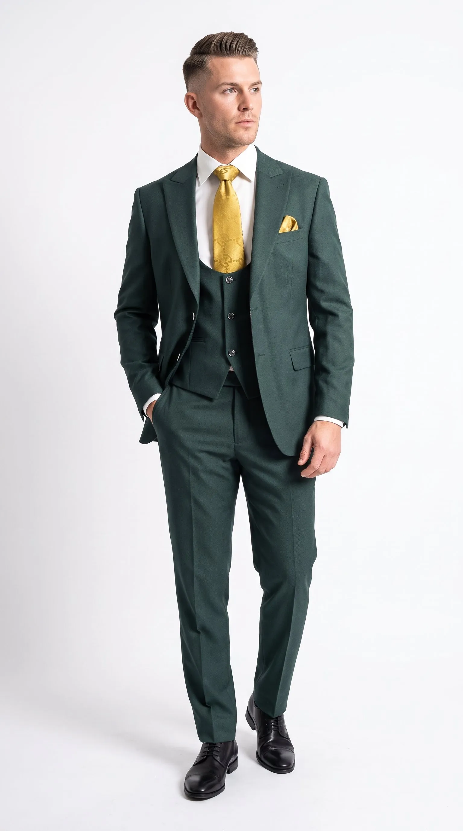 Mens Vitali 3 Piece Suit W/Scoop Vest Hunter Green 3-Piece Suit –, Big Peak Lapel Vest and Pants Modern Fit Two Buttons sold by Alberto Nardoni