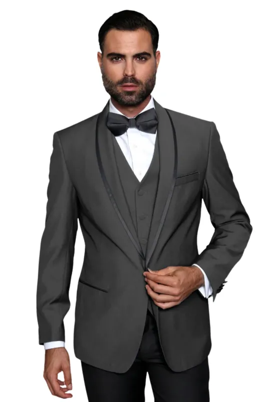 3-Piece Tailored Fit Wool Suit with Bow Tie and Flat Front Pants - Charcoal made by Alberto Nardoni
