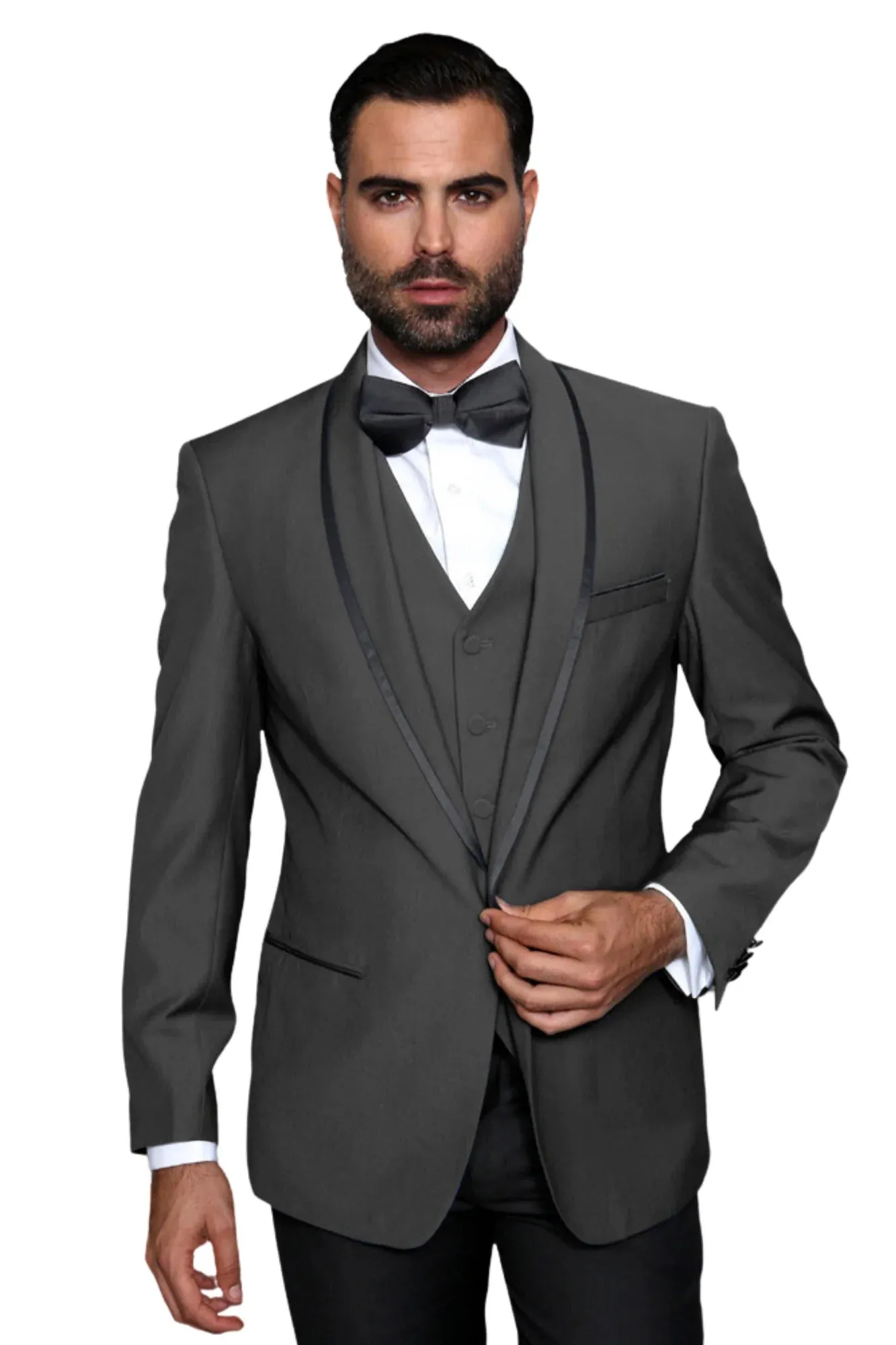 3-Piece Tailored Fit Wool Suit with Bow Tie and Flat Front Pants - Charcoal sold by Alberto Nardoni