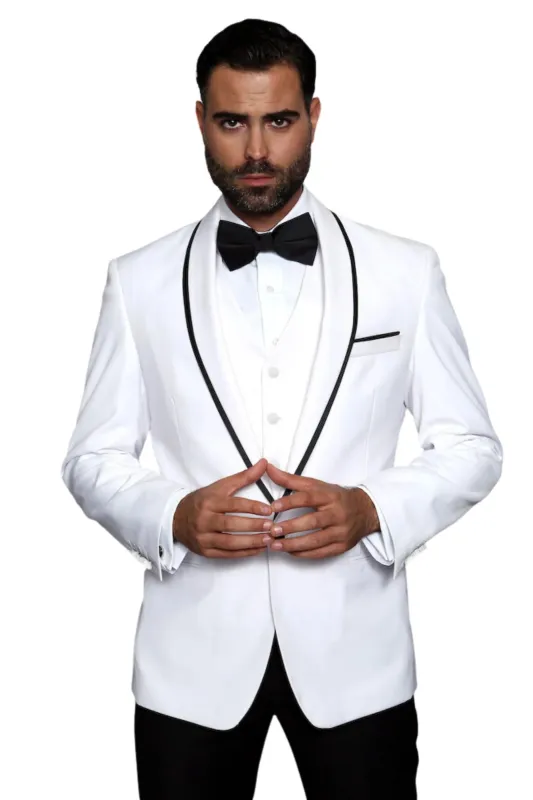 3-Piece Tailored Fit Wool Suit with Bow Tie and Flat Front Pants - White made by Alberto Nardoni