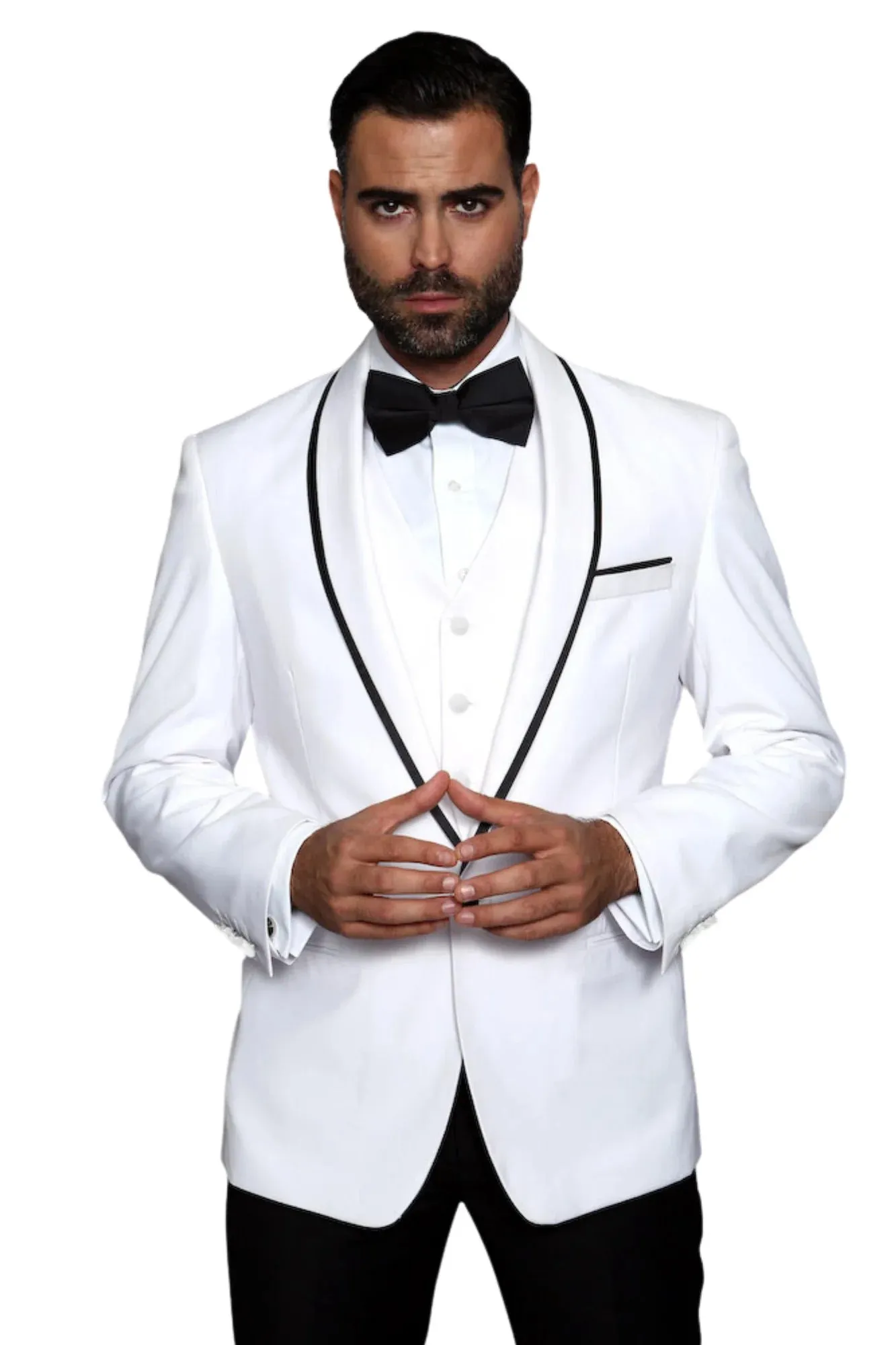 3-Piece Tailored Fit Wool Suit with Bow Tie and Flat Front Pants - White sold by Alberto Nardoni
