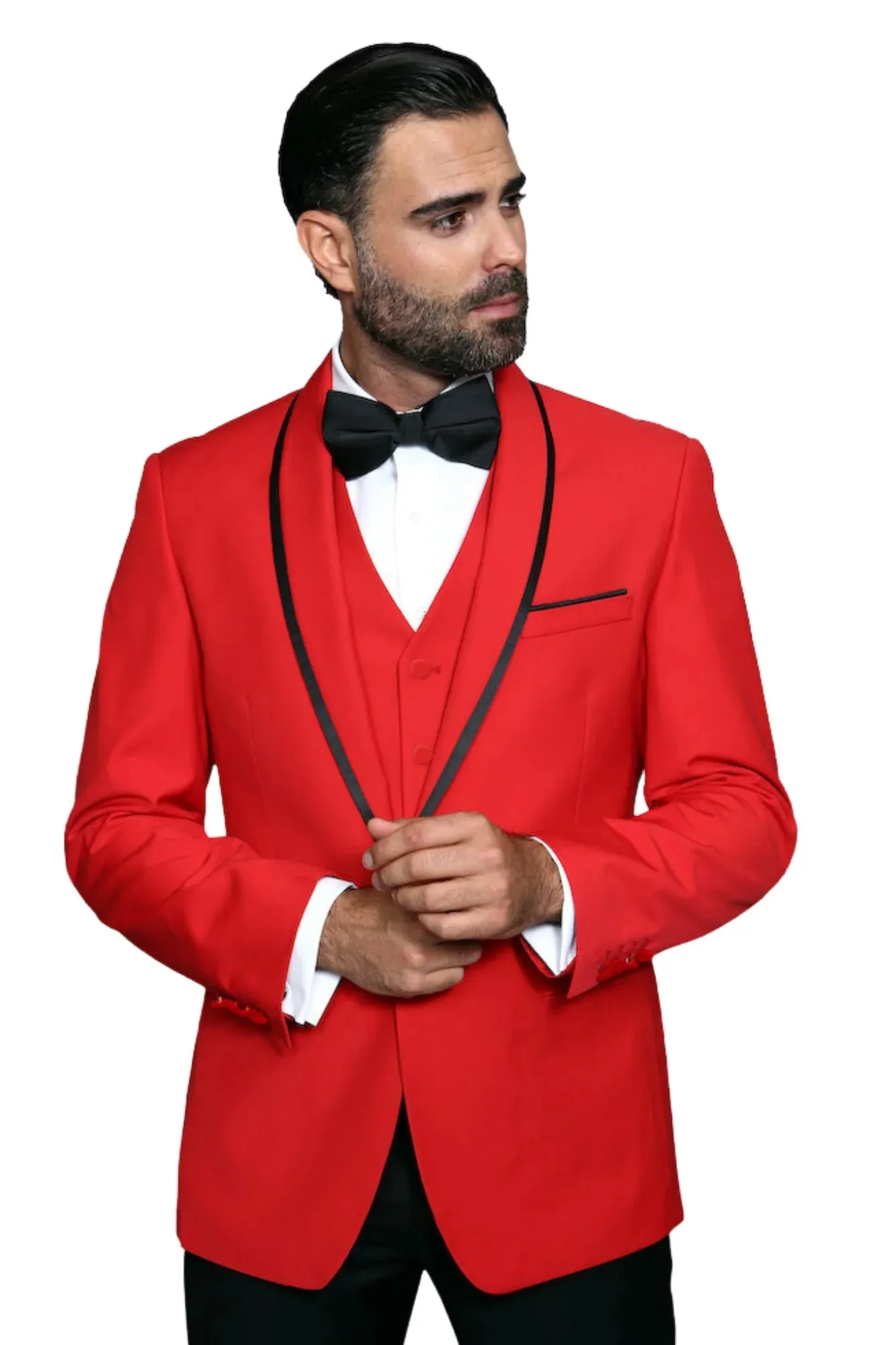 3-Piece Tailored Fit Wool Suit with Bow Tie and Flat Front Pants - Red sold by Alberto Nardoni