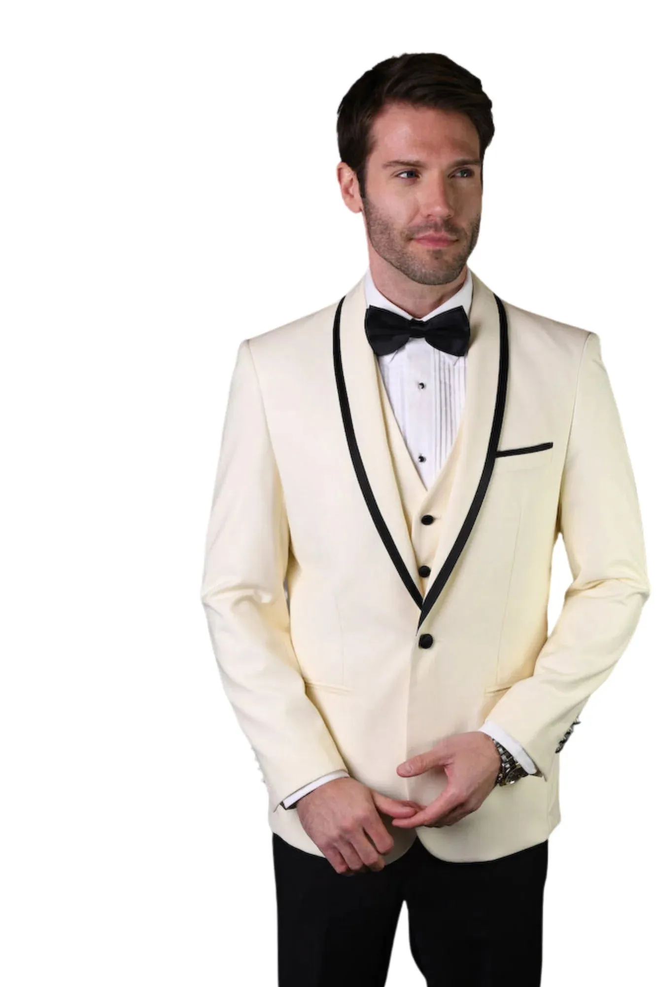 3-Piece Tailored Fit Wool Suit with Bow Tie and Flat Front Pants - Off White sold by Alberto Nardoni