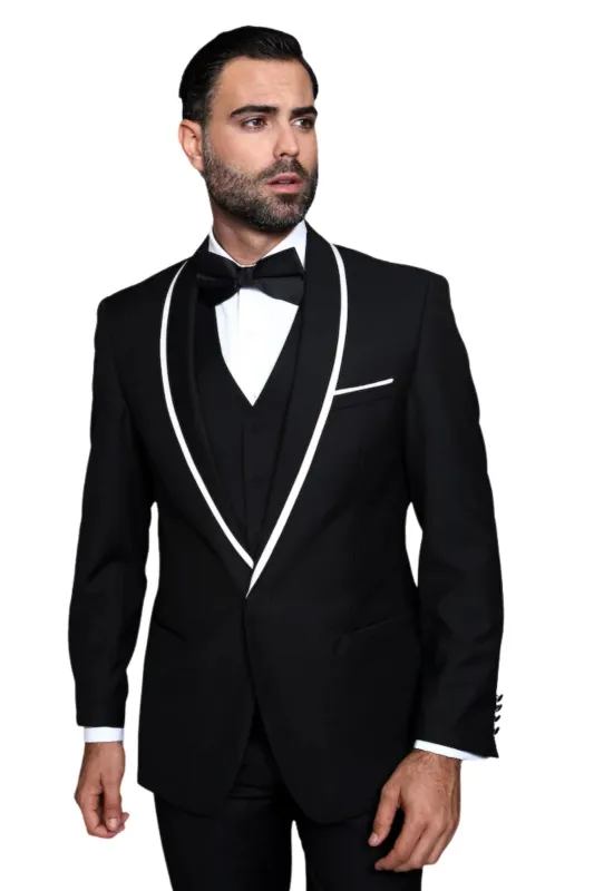 3-Piece Tailored Fit Wool Suit with Bow Tie and Flat Front Pants - Black made by Alberto Nardoni
