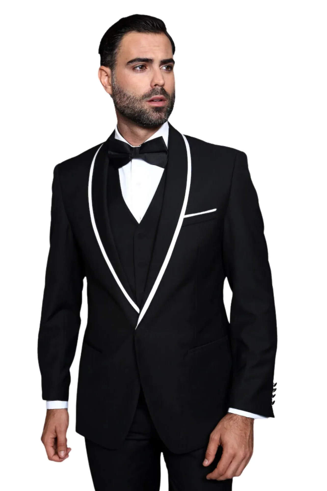 3-Piece Tailored Fit Wool Suit with Bow Tie and Flat Front Pants - Black sold by Alberto Nardoni