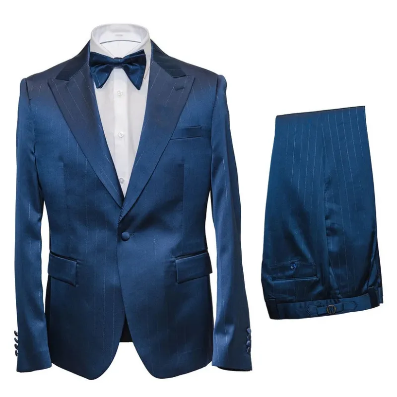 Mens Satin-Finish Pinstripe - Shiny Metallic Stripe Peak Lapel in Color Navy - Modern Fit By Rossiman made by Alberto Nardoni