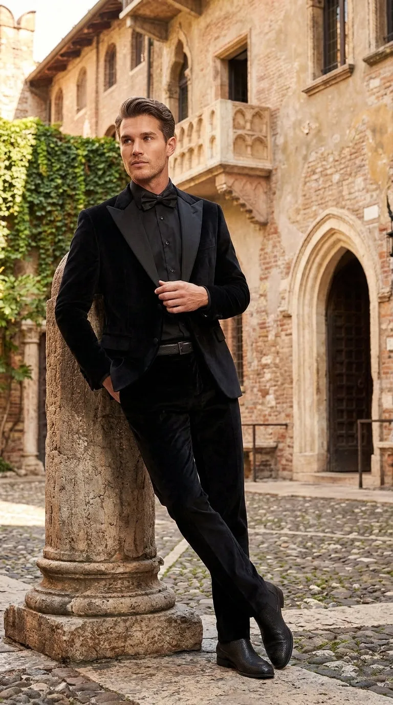 Men’s Black Velvet Tuxedo Suit – Peak Lapel Wedding, Prom and Formal Evening Velvet Pants sold by Alberto Nardoni product image thumbnail 3